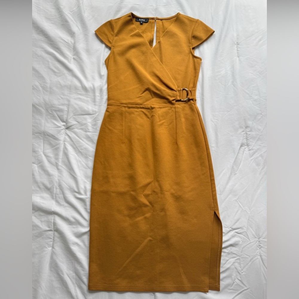 Yellow Midi Sheath Dress with Flutter Cap Sleeves